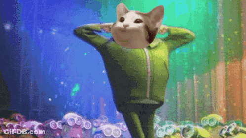 A Cartoon Cat Is Wearing A Green Jacket And Standing In Front Of A Crowd Of Minions . GIF