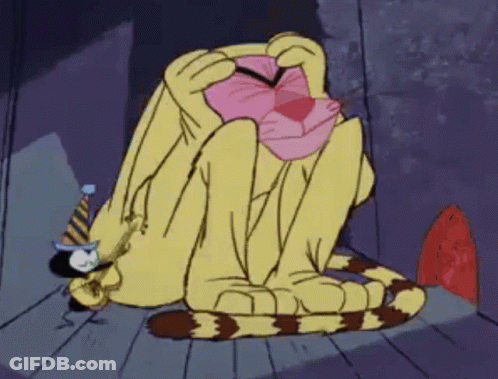 A Cartoon Cat Is Wearing A Party Hat And Covering His Face With His Paws GIF