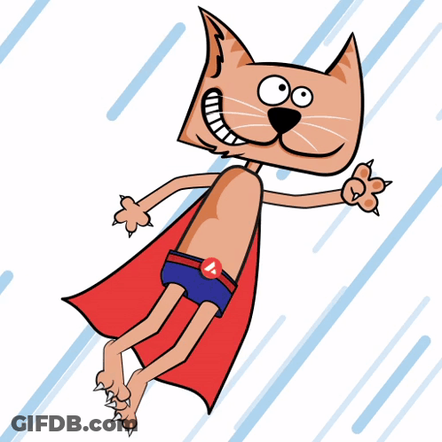 A Cartoon Cat Is Wearing A Red Cape And Shorts With The Letter A On The Belt GIF