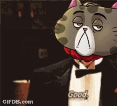 A Cartoon Cat Is Wearing A Tuxedo And A Bow Tie And Has The Word Good Written On His Apron GIF