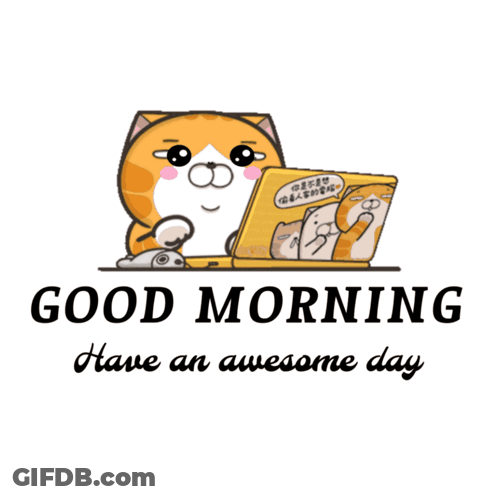 Cartoon Cat Working On Laptop Says Good Morning GIF