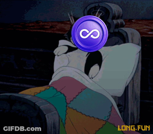 A Cartoon Cat Laying In Bed With A Purple Coin With An Infinity Sign On It GIF