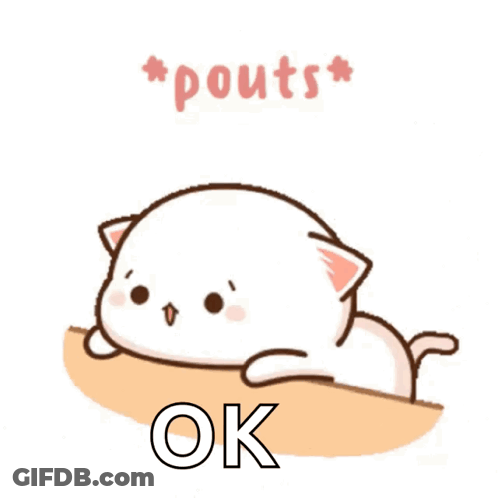 A Cartoon Cat Laying On A Table With The Words " Pouts " And " Ok " Above It GIF