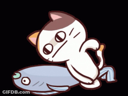 A Cartoon Cat Laying On Top Of A Fish With A Sad Look On Its Face GIF