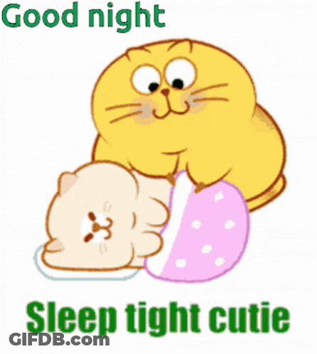 A Cartoon Cat Laying On Top Of Another Cat With The Words " Good Night Sleep Tight Cutie " Below It GIF