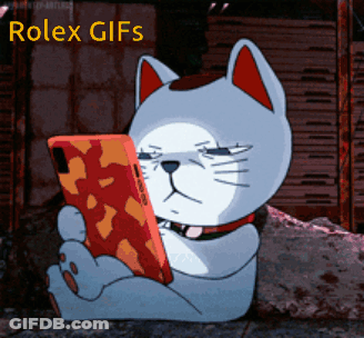 A Cartoon Cat Looking At A Cell Phone With The Words Rolex Gifs Above It GIF