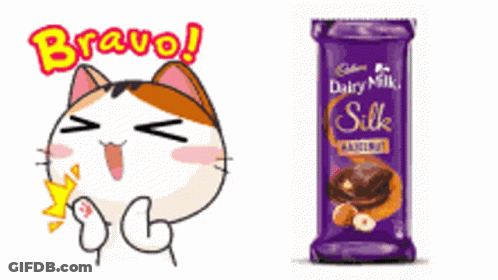 A Cartoon Cat Next To A Bar Of Cadbury Dairy Milk Silk Hazelnut GIF