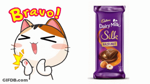 A Cartoon Cat Next To A Bar Of Cadbury Dairy Milk Silk Hazelnut GIF