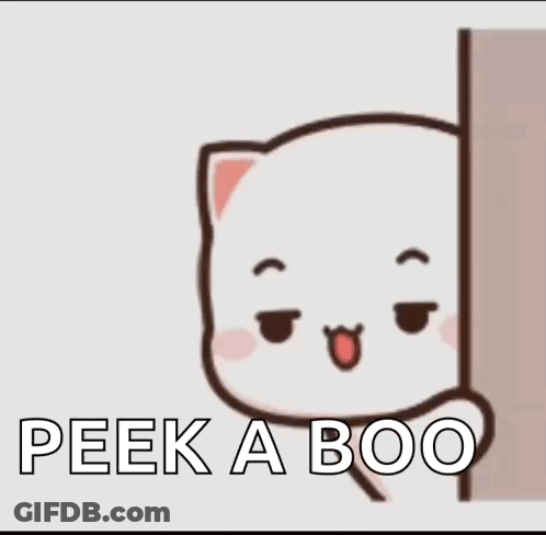 A Cartoon Cat Peeking Out From Behind A Wall With The Words `` Peek A Boo '' Written On It . GIF