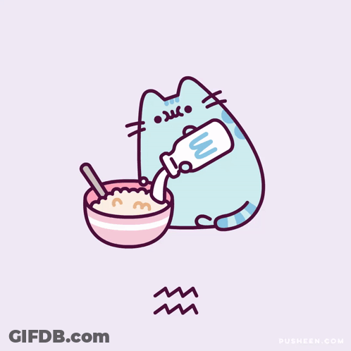 A Cartoon Cat Pouring Milk Into A Bowl Of Cereal GIF