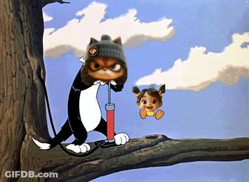 A Cartoon Cat Pumping A Little Girl 'S Balloon On A Tree Branch GIF