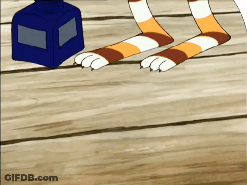 A Cartoon Cat 'S Paws Are Standing Next To A Blue Container GIF