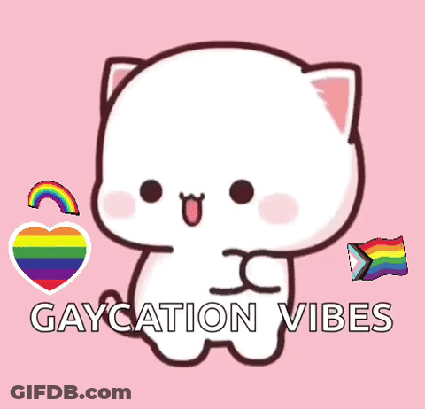 A Cartoon Cat Says Gaycation Vibes In Front Of A Rainbow Heart GIF