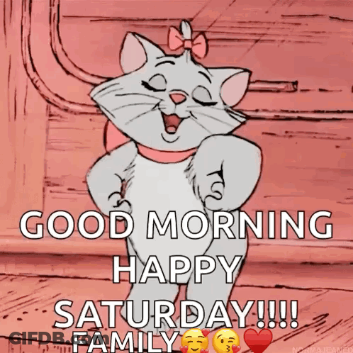 A Cartoon Cat Says Good Morning And Happy Saturday GIF
