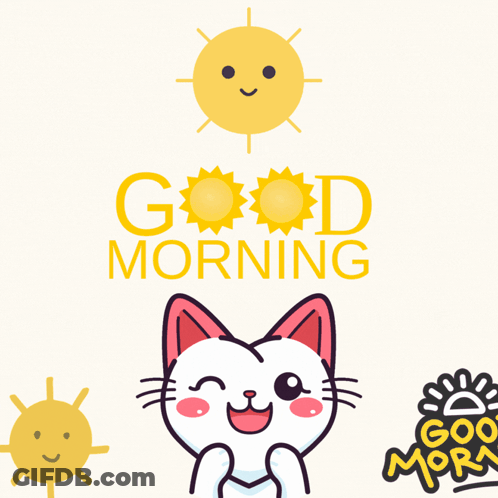A Cartoon Cat Says Good Morning With A Sun And A Cloud GIF