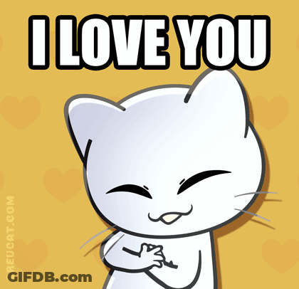 A Cartoon Cat Says " I Love You " In A Yellow Background GIF