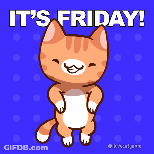 A Cartoon Cat Says It 'S Friday On A Blue Polka Dot Background GIF