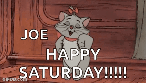 A Cartoon Cat Says " Joe Happy Saturday !!! " GIF