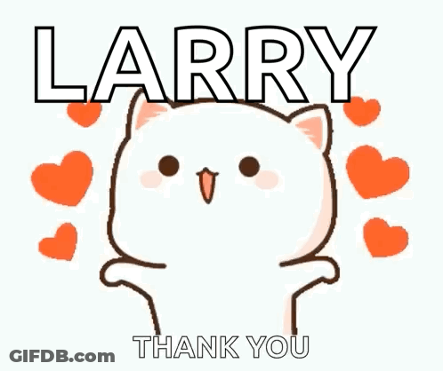 A Cartoon Cat Says Thank You To Larry With Hearts Around It GIF