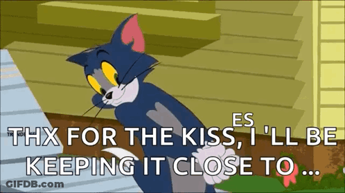 A Cartoon Cat Says Thx For The Kiss , I 'Ll Be Keeping It Close To .. GIF
