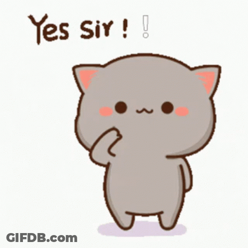 A Cartoon Cat Says Yes Sir While Standing On A White Background GIF