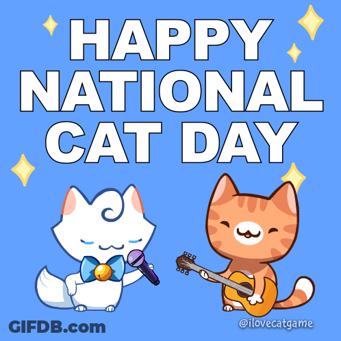 A Cartoon Cat Singing Into A Microphone And Another Cat Playing A Guitar Says Happy National Cat Day GIF