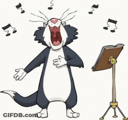 A Cartoon Cat Singing Next To A Music Stand With Music Notes Flying Around It GIF