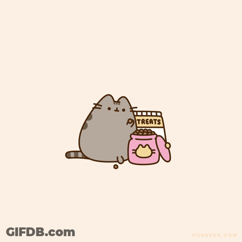 A Cartoon Cat Sitting Next To A Bag Of Treats GIF