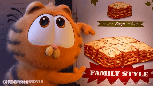 A Cartoon Cat Standing Next To A Box Of Lasagna That Says Family Style GIF