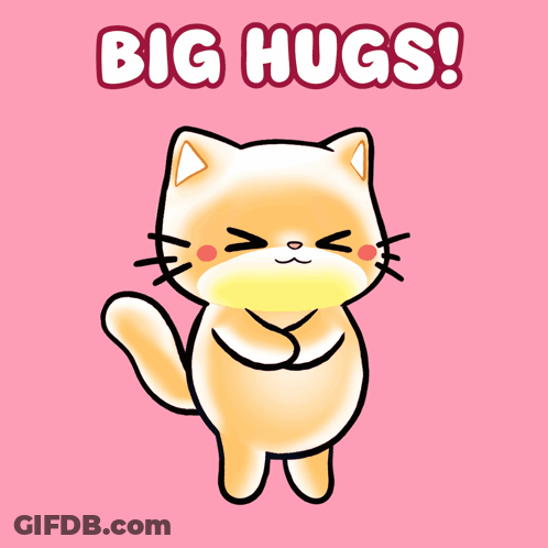 A Cartoon Cat Surrounded By Hearts And The Words Big Hugs GIF
