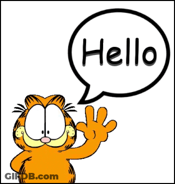 A Cartoon Cat Waving With A Speech Bubble That Says Hello GIF