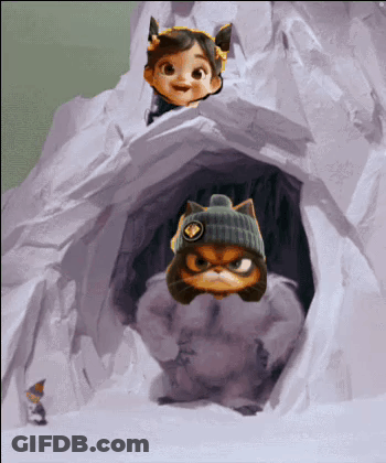 A Cartoon Cat Wearing A Beanie Is Standing Next To A Girl GIF