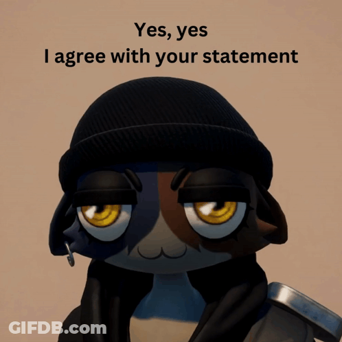 A Cartoon Cat Wearing A Black Beanie And A Black Jacket Says Yes Yes I Agree With Your Statement GIF