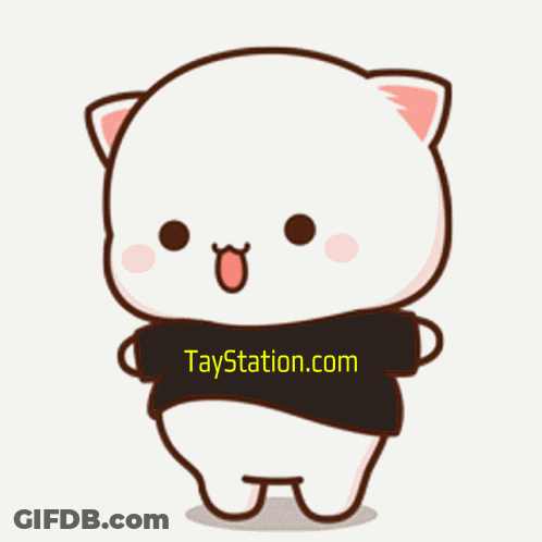 A Cartoon Cat Wearing A Black Shirt With Taystation.com On It GIF