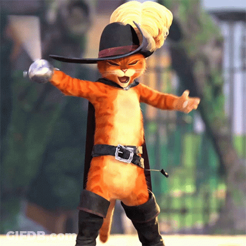 A Cartoon Cat Wearing A Cowboy Hat And Boots Is Holding A Sword GIF