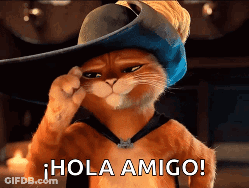 A Cartoon Cat Wearing A Hat And A Vest Says Hola Amigo GIF