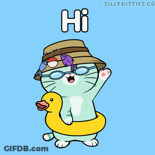 A Cartoon Cat Wearing A Hat And Sunglasses Is Holding A Rubber Duck And The Word Hi Above It GIF