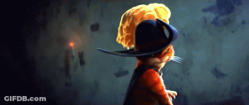 A Cartoon Cat Wearing A Hat With A Yellow Feather On Top GIF