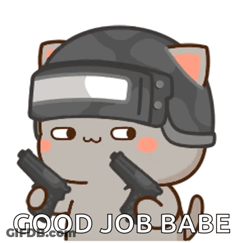 A Cartoon Cat Wearing A Helmet And Holding Two Guns With The Words " Good Job Babe " Below It GIF