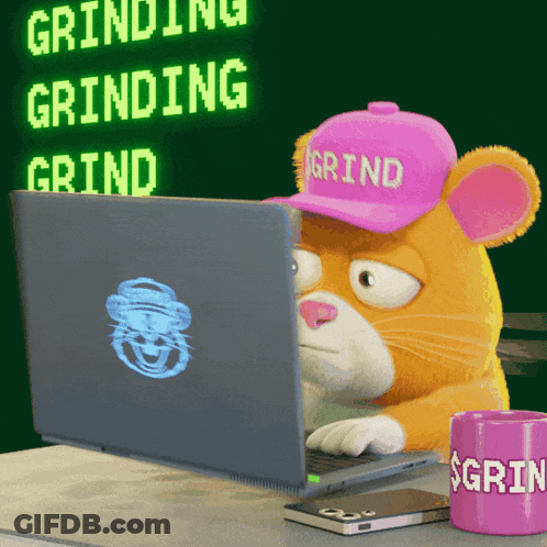 A Cartoon Cat Wearing A Pink Hat That Says Grind GIF