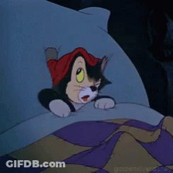 A Cartoon Cat Wearing A Red Hat Is Laying In Bed GIF