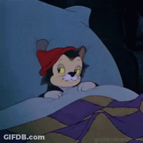 A Cartoon Cat Wearing A Red Hat Is Laying On A Bed GIF