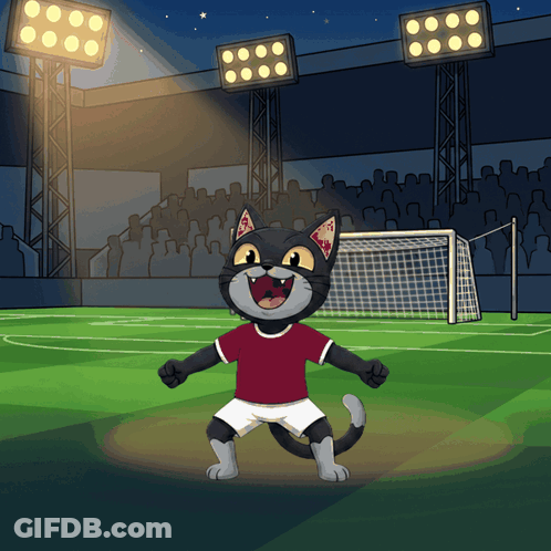 A Cartoon Cat Wearing A Red Shirt And Shorts Is Standing On A Soccer Field GIF
