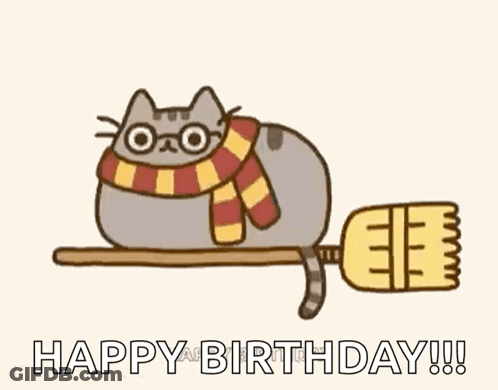 A Cartoon Cat Wearing A Scarf And Glasses Is Sitting On A Broom . GIF