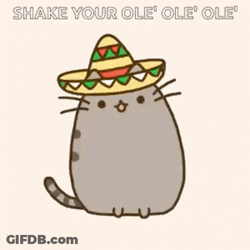 A Cartoon Cat Wearing A Sombrero With The Words `` Shake Your Ole Ole Ole '' Written Below It . GIF