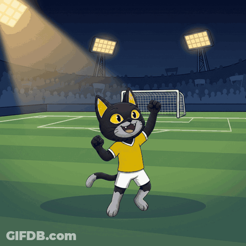 A Cartoon Cat Wearing A Yellow Shirt And Shorts Is Standing On A Soccer Field GIF