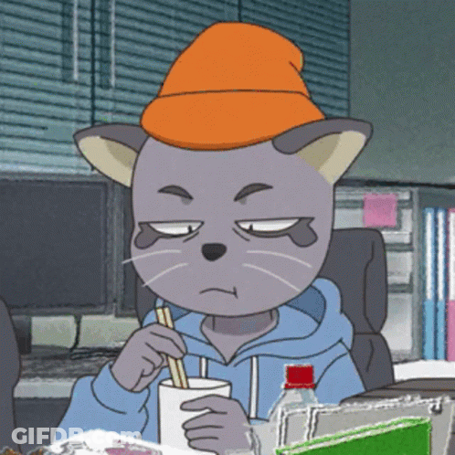 A Cartoon Cat Wearing An Orange Hat And A Blue Sweatshirt GIF