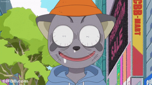 A Cartoon Cat Wearing An Orange Hat Is Standing In Front Of A Sign That Says Hbb-Mart GIF