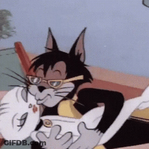 A Cartoon Cat Wearing Glasses Is Holding A Cat 'S Head GIF