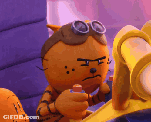 A Cartoon Cat Wearing Goggles And Holding A Bottle GIF